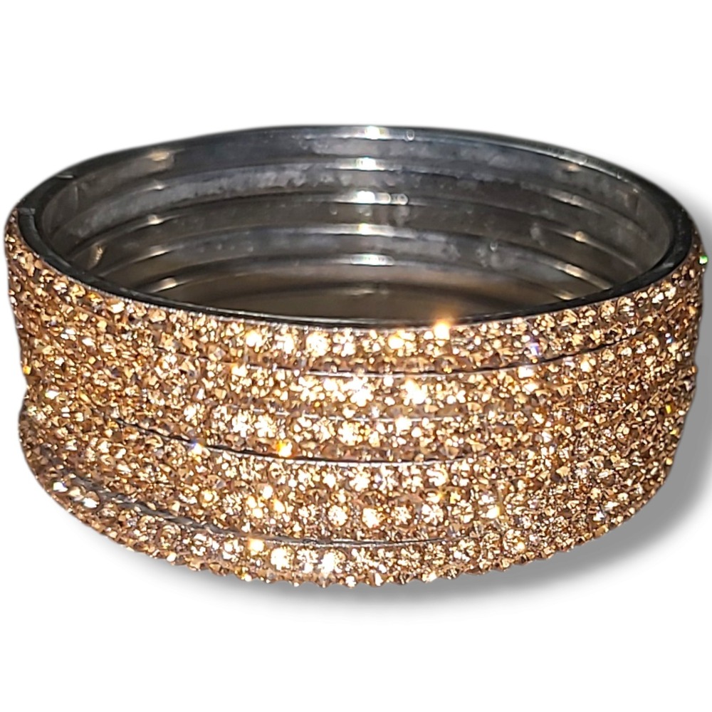 Set of 6 Vintage Y2K Champagne Rhinestone Bangle Bracelets Silver Tone
